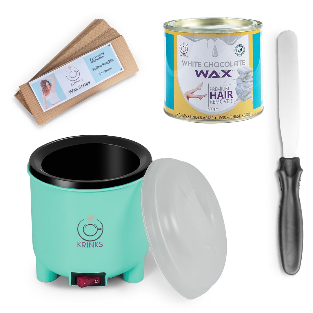 KRINKS® Wax Kit with White Chocolate Wax 600gm, Waxing Strips 50 pcs and Wax Applicator Knife/Spatula | Waxing Kit for Women Hair Removal | Easy to Use | Made in India