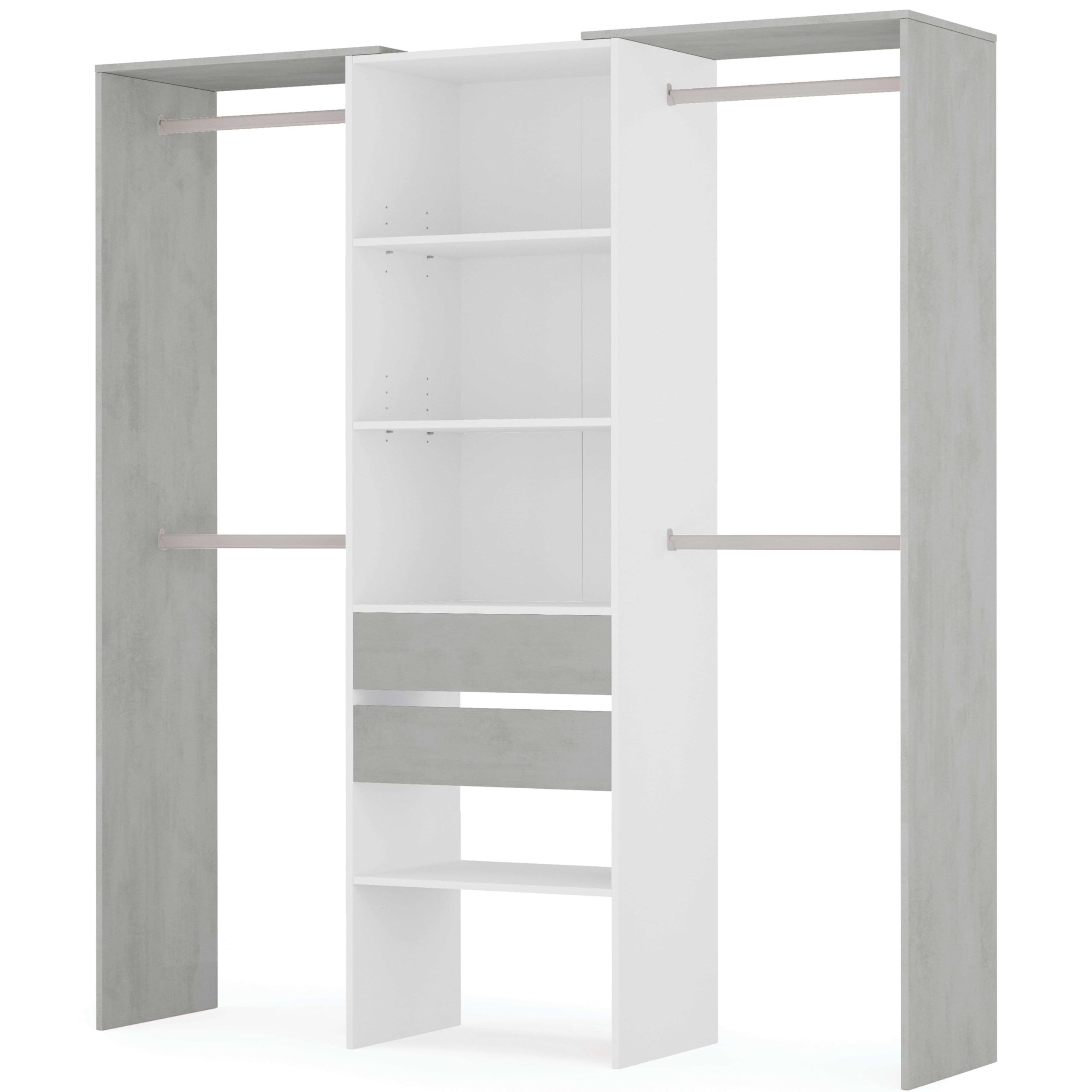 Habitdesign Armario Vestidor con 2 Cajones, Vestidor con Barras y Baldas, Acabado en Blanco Artik y Gris Cemento, Medidas: 179 cm (Ancho) x 202 cm (Alto) x 50 cm (Fondo)