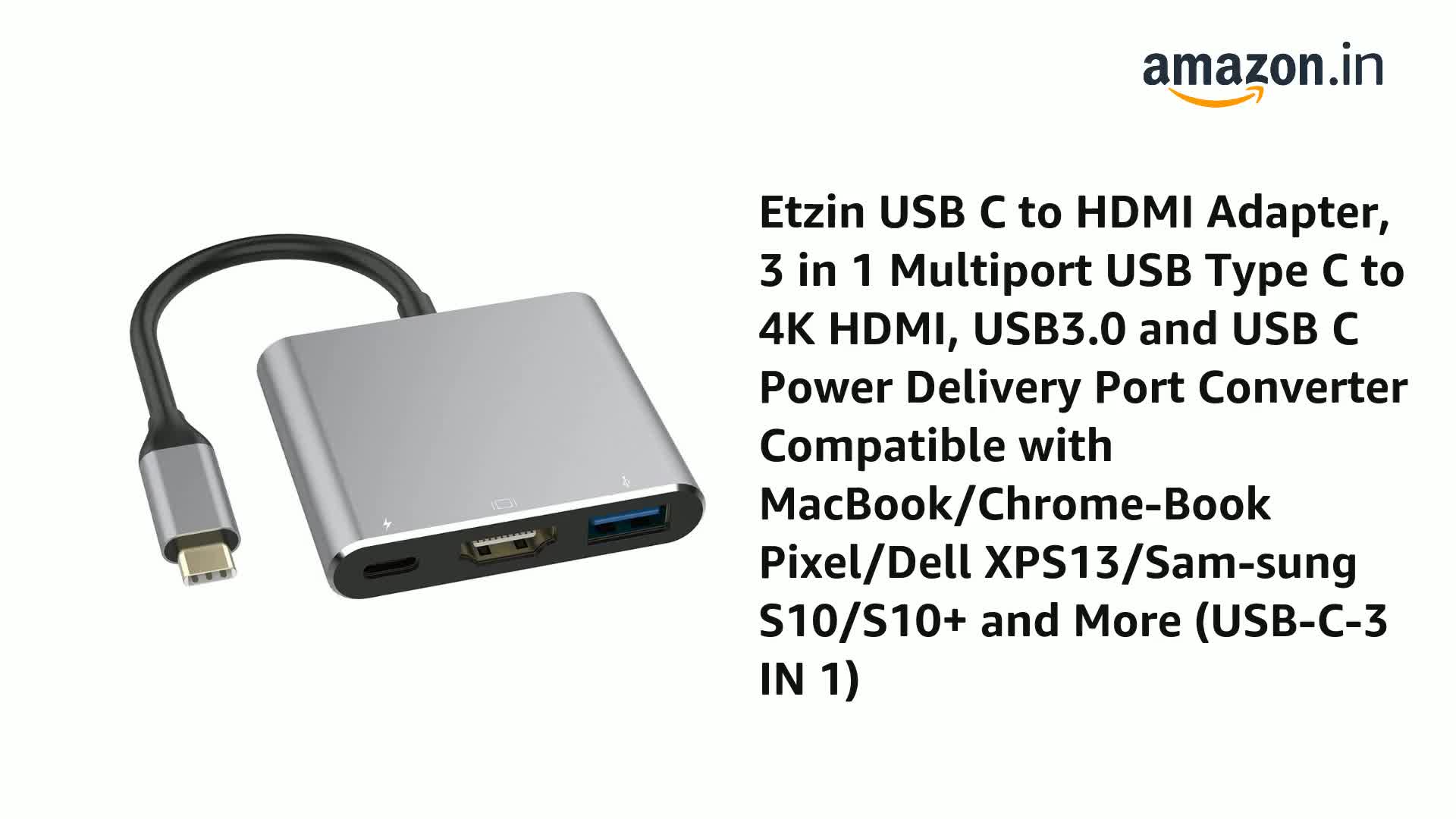 ETZIN USB C to Hdmi Adapter, 3 in 1 Multiport USB Type C to 4K