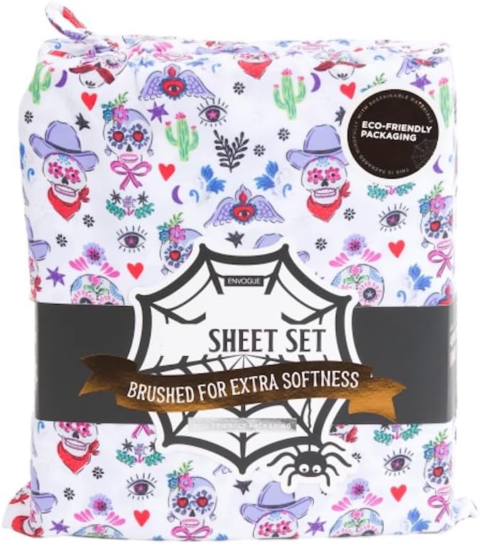 Envogue King Sheet Set, Western Skulls Pattern, Brushed Polyester, Purple and White