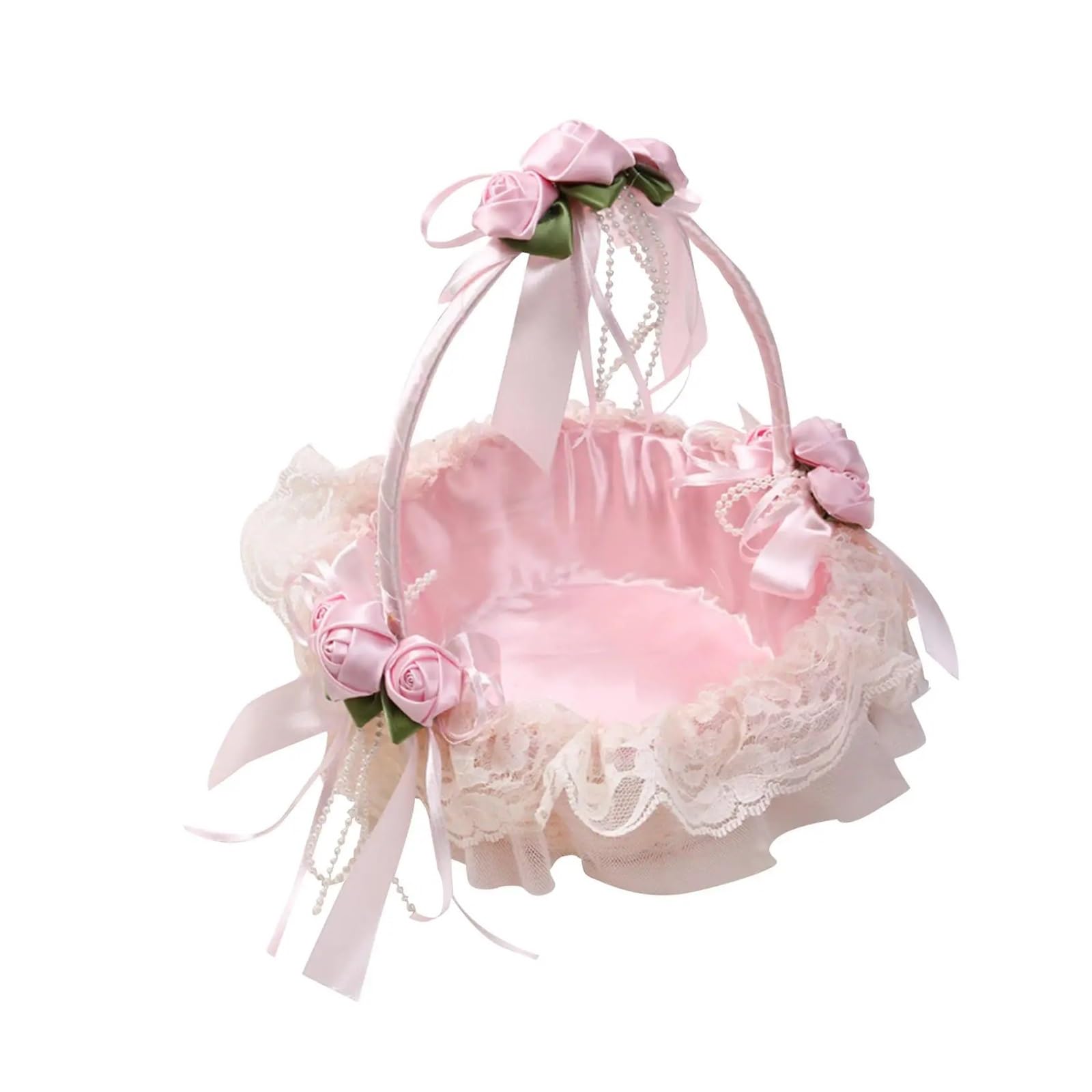 Wedding Petal Confetti Basket, Pink Flower Basket With Lace Bow Satin Ribbons Wedding Engagement Ceremony Banquet