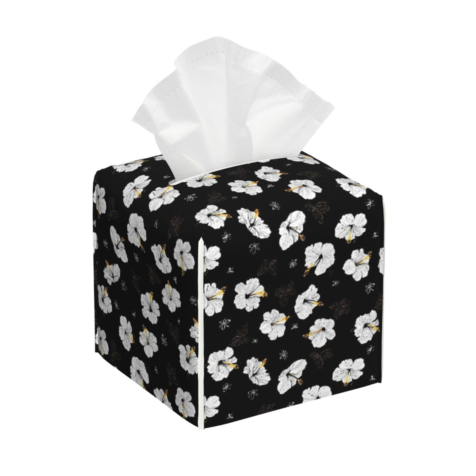 Elegant Tropical White Flowers Print Tissue Box Cover Holder Square, Foldable Modern Cube Tissue Box Cover, Leather Decorative Organizer for Tabletop Bathroom Car Office Desk Decor