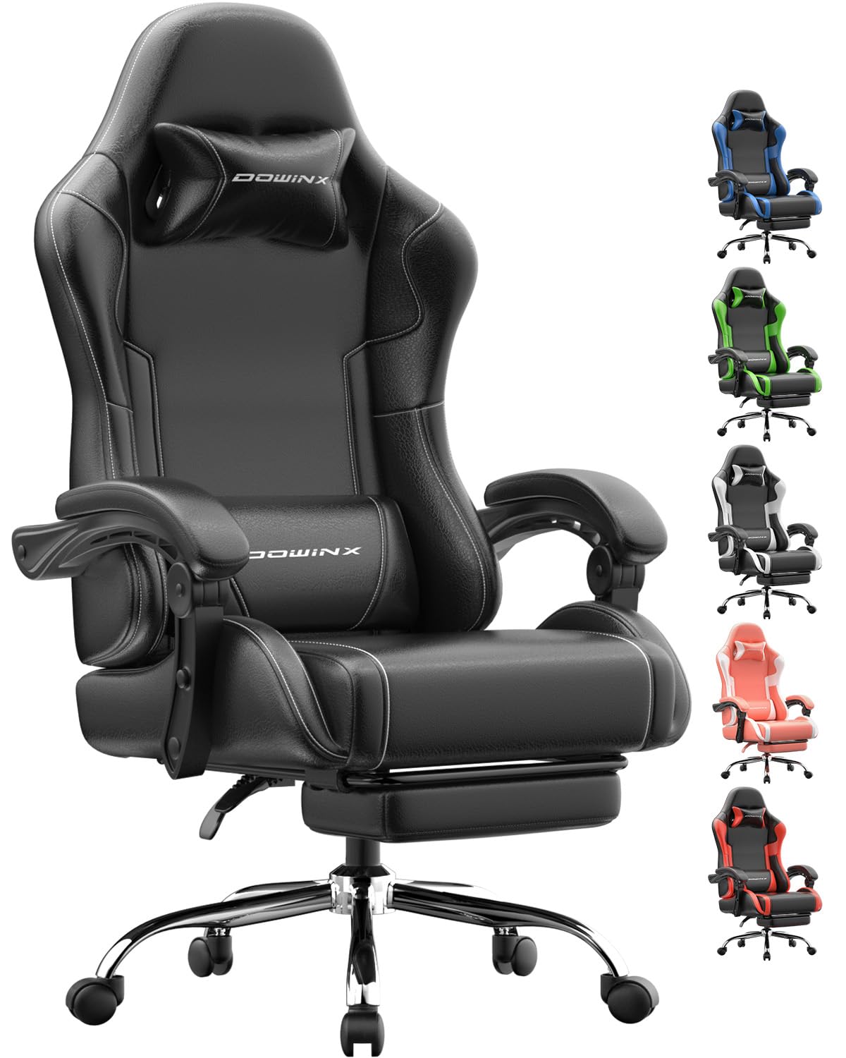 Dowinx Gaming Chair for Adults with Footrest, Durable Gaming Office Chair, Comfortable Padded Gamer Chair Reclining 150°, Heavy Duty Computer Chair 180kg, Black