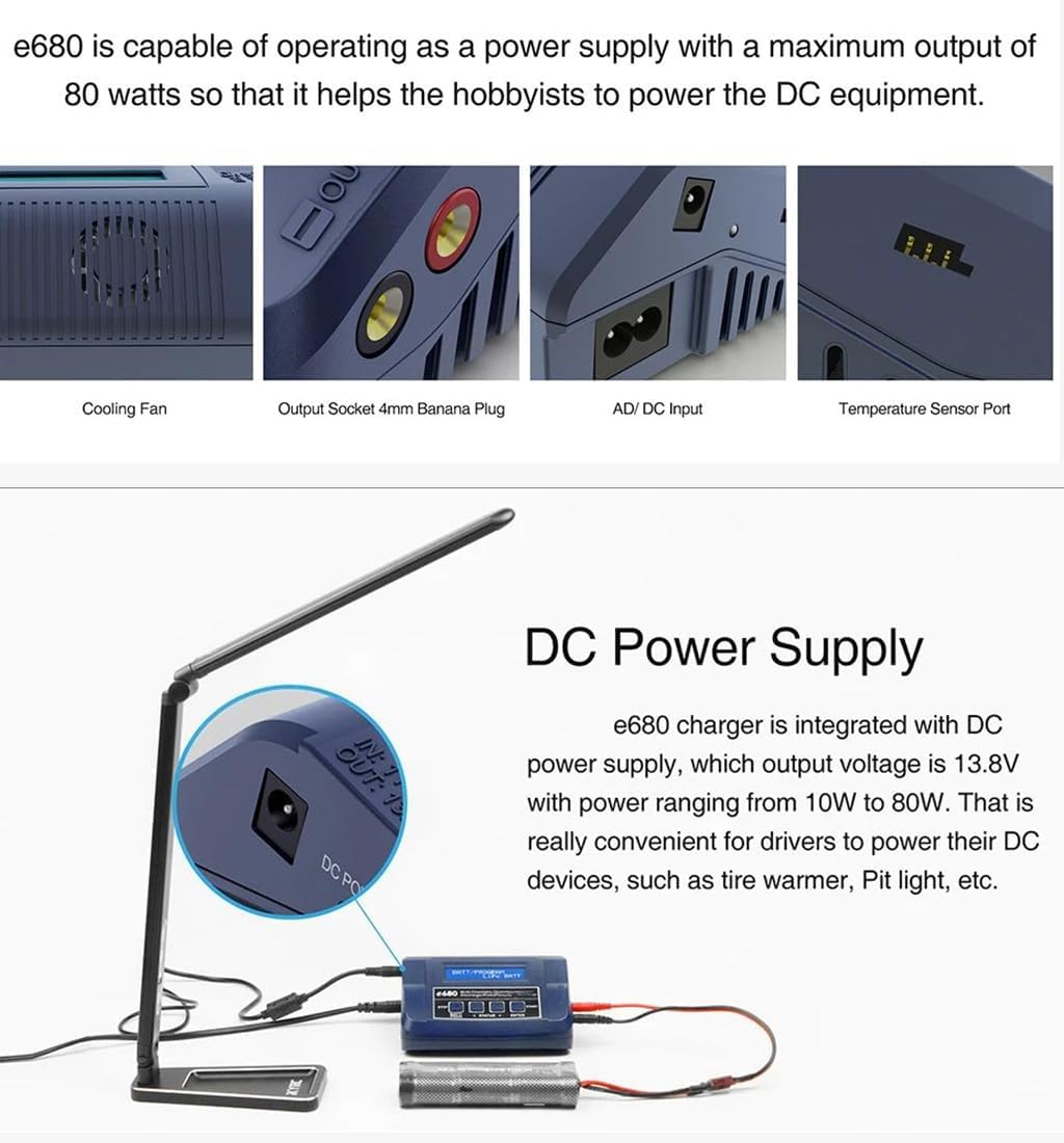 Caruner e680 charger functioning as a DC power supply, connected to a desk lamp.