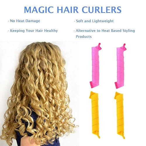 Miniatura 4 de 20 rulos de pelo sin calor, kit de peinado en espiral con ganchos de peinado para cabello largo, para mujeres y niñas, peinados ondulados, rosa y