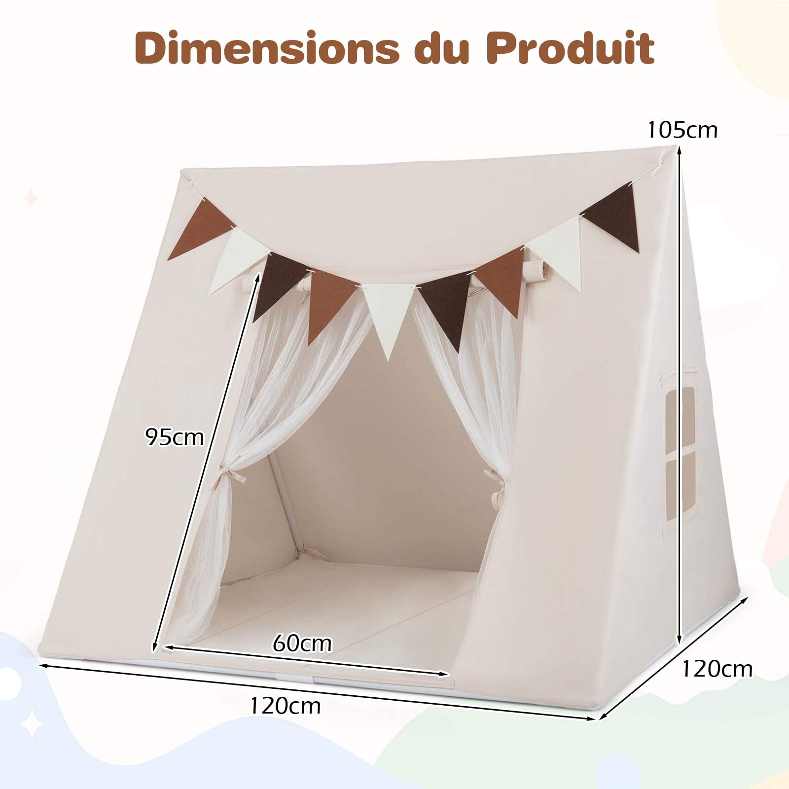 COSTWAY Tente de Jeux Enfant avec Drapeaux & Tapis, Cabane Enfant Intérieure Triangle avec Fenêtres & Tissu Lavable, Style Princesse pour 2-3 Enfants de 3 Ans+