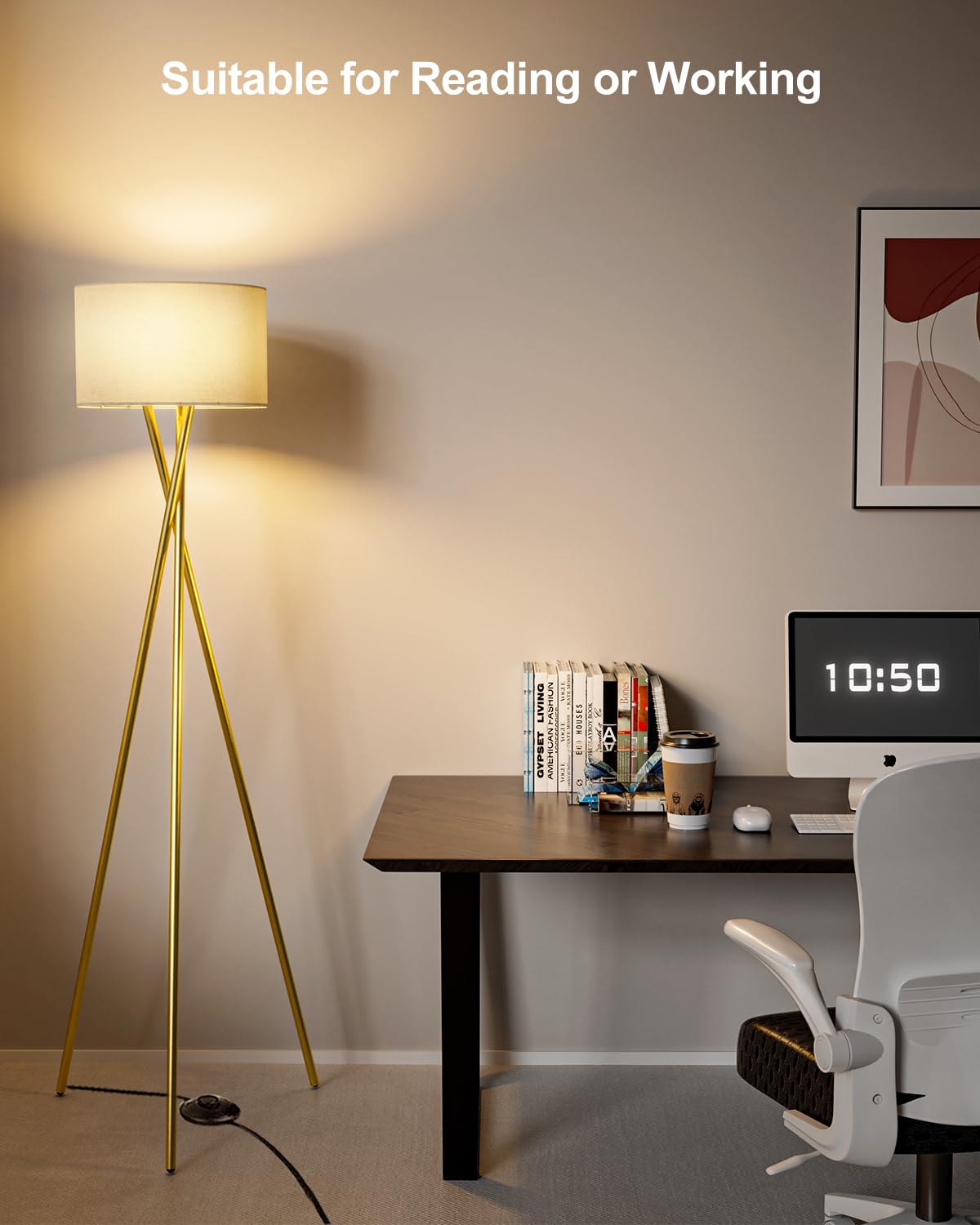 Lightdot Gold Tripod Floor Lamp, Modern Floor Lamp for Living Room,  Standing Lamp with Linen Shade, E26 Bulb Included, 66