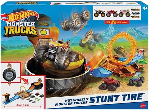 Hot Wheels Monster Trucks Stunt Tire Playset, Includes 3 Hot Wheels Monster Trucks & 3 1:64 Scale Vehicles, Gift for Kids 4 to 8 Years Old