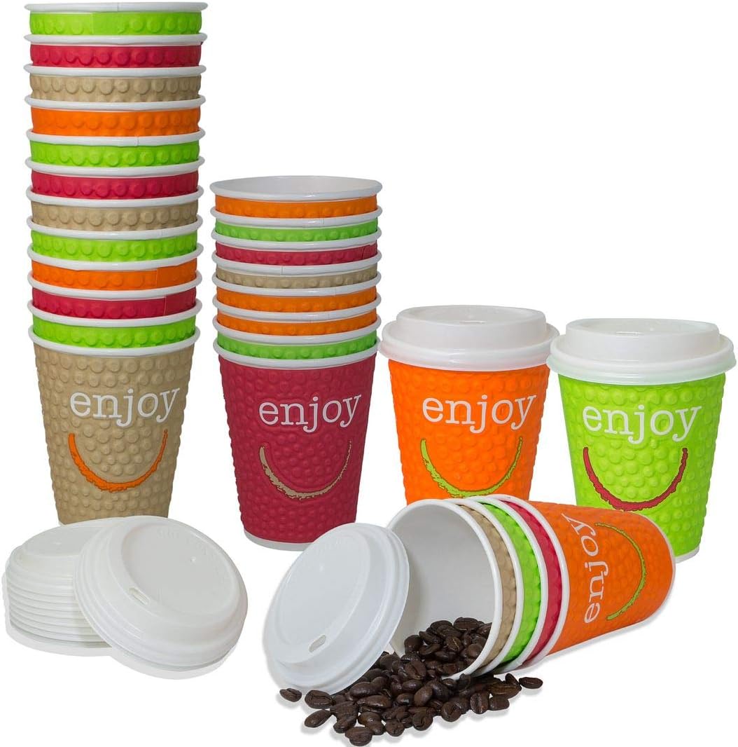 TURTLEDALE-Disposable Paper Cups with Lids for Hot and Cold Drinks Tea and Coffee Takeaway Drinks 50x12 oz Cups and 50 LIDS Completely Free