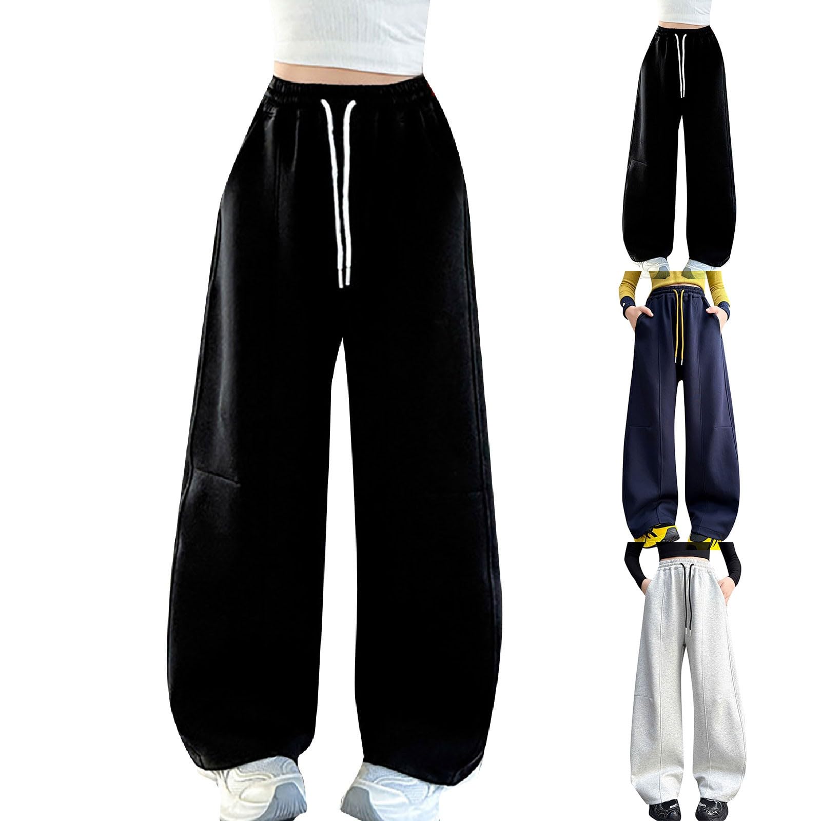 Pantaloni da jogging larghi da ragazza a gamba larga foderati in pile elastico in vita pantaloni da scuola per bambini morbidi e caldi pantaloni della tuta casual comodi pantaloni da tuta casual
