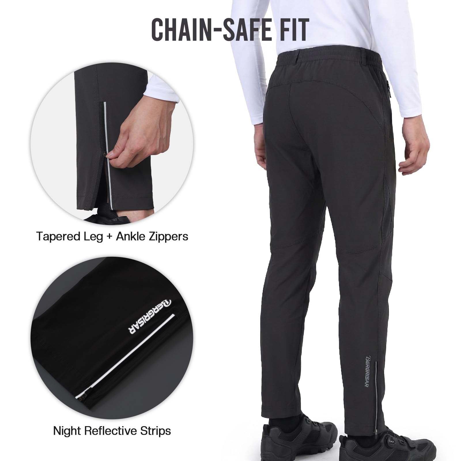 BERGRISAR Pantalon de cyclisme pour homme - Imperméable - Avec poches zippées - Séchage rapide - Extensible dans les 4 sens - Pour randonnée, course à pied