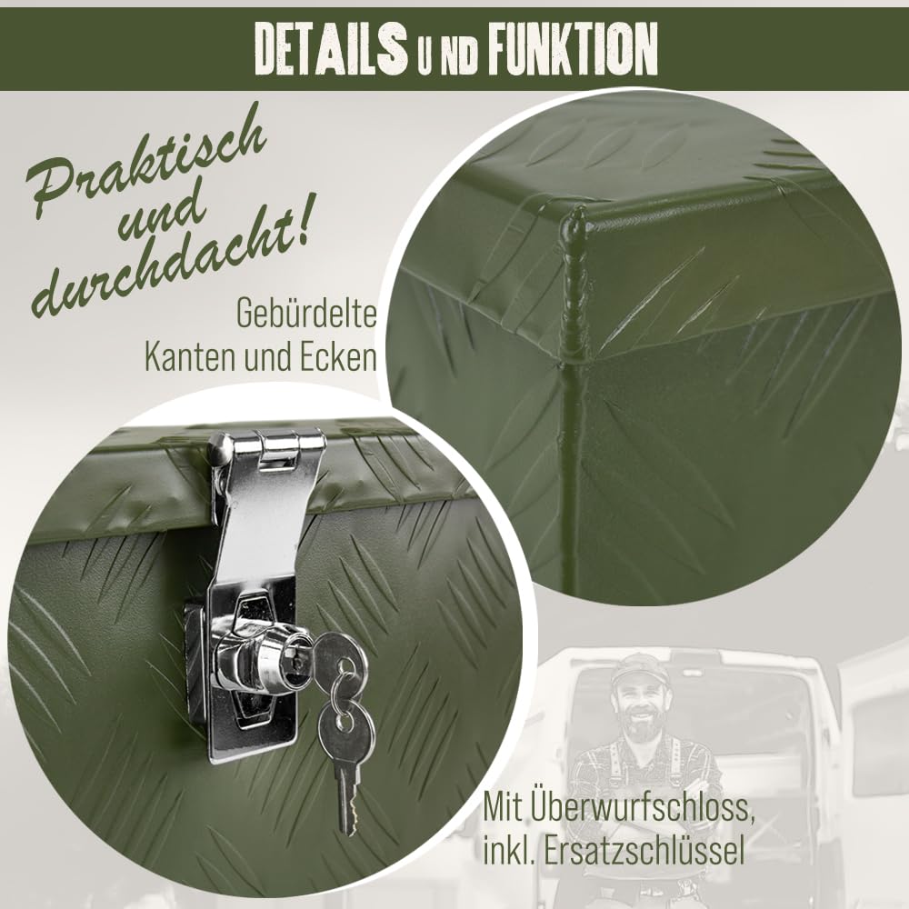 Trucky Caja de almacenamiento verde para enganche de remolque Caja de herramientas Truckbox para remolque Caja de transporte con cerradura Caja de aluminio Caja de herramientas Caja de almacenamiento