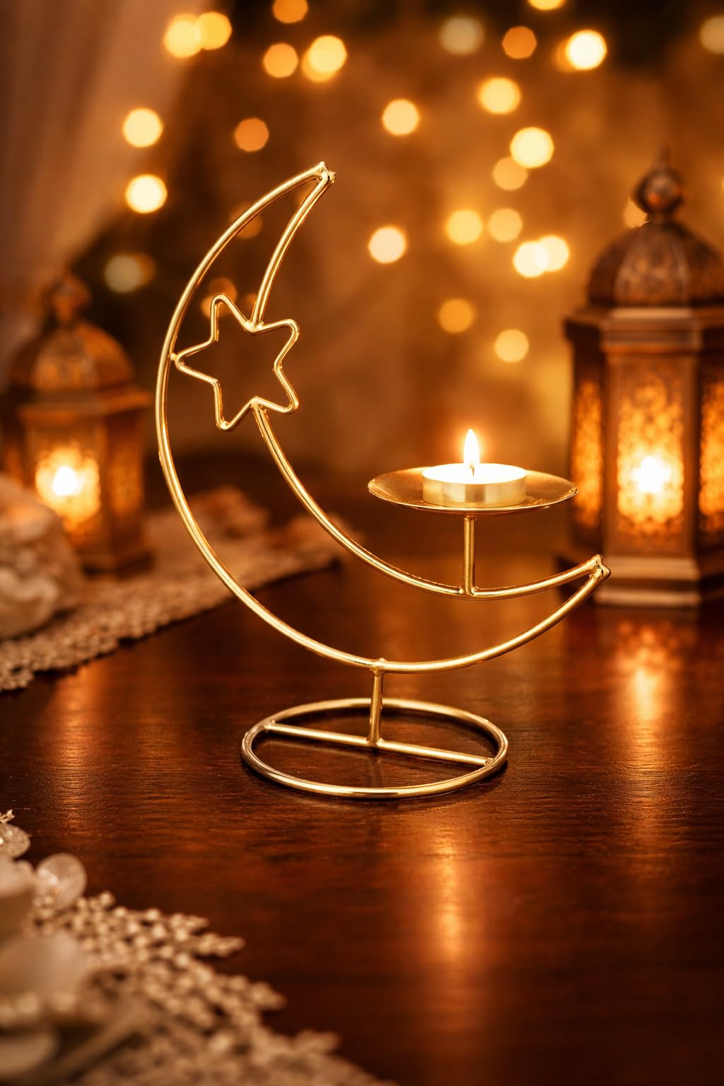 Gold Crescent Moon & Star Tealight Candle Holder Stand – 25.4cm Metal Table Centerpiece for Ramadan, Eid, Diwali, Christmas, Weddings & Home Décor – AGAAS ENTERPRISES