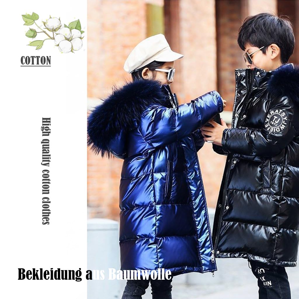 Linboo - Abrigo largo para niña, chaqueta de plumón cálido, para niño, invierno, con capucha, piel acolchada, parka luminosa