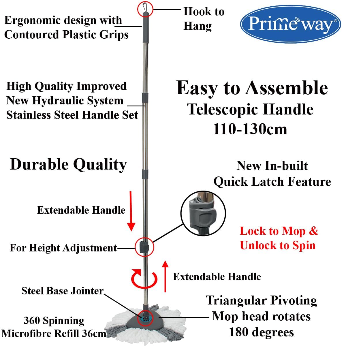 Primeway® SS Twin Bucket Rotating Spin Mop with 2 Microfiber Refills | Floor Cleaning Stick | Mopping with Clean and Dirty Water separatation | 6 LTR | Grey (Advanced_Triangular_SS_Hydraulic) 3