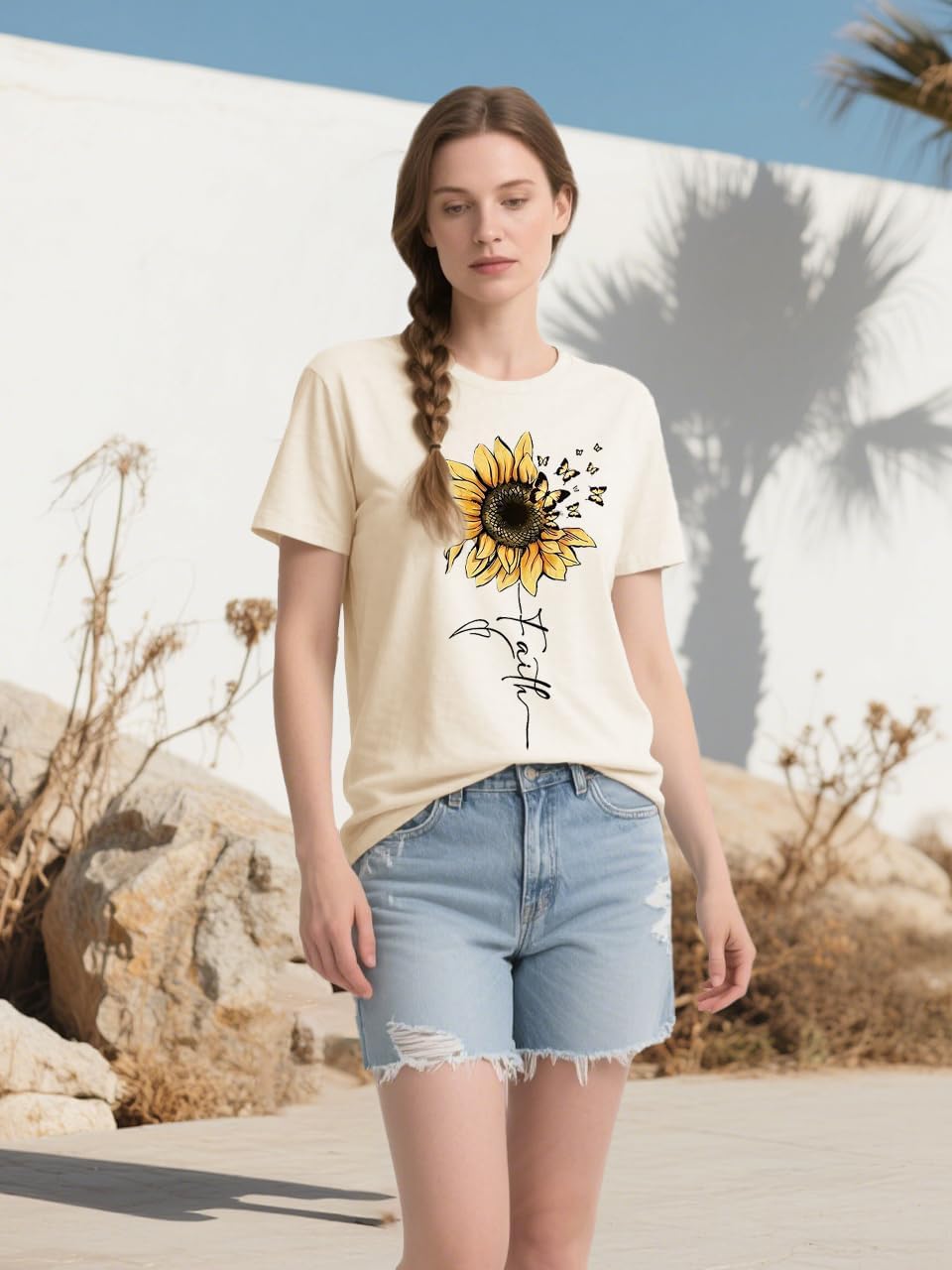 Sunflower Shirts for Women Faith Graphic Tees Short Sleeve Loose Fit Butterfly Teen Girls T Shirt Summer Tops - Image 2
