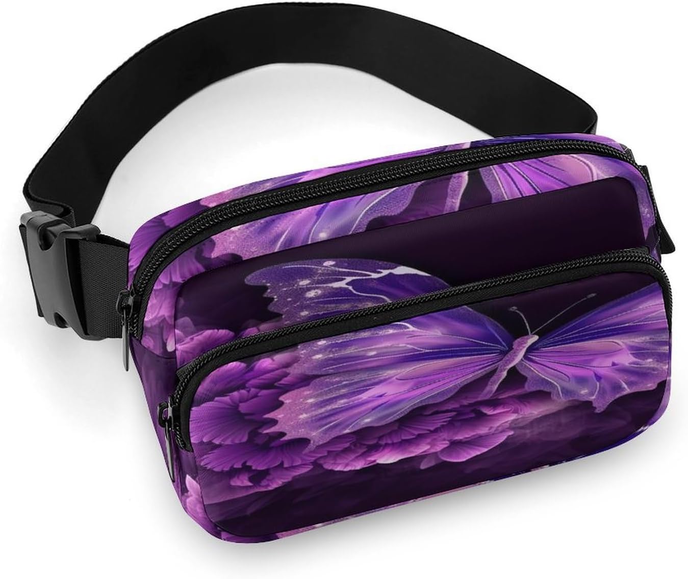 Purple Butterfly Floral Fanny Pack Belt Bag with Adjustable Strap Fashion Waist Bag for Outdoor Sports Hiking
