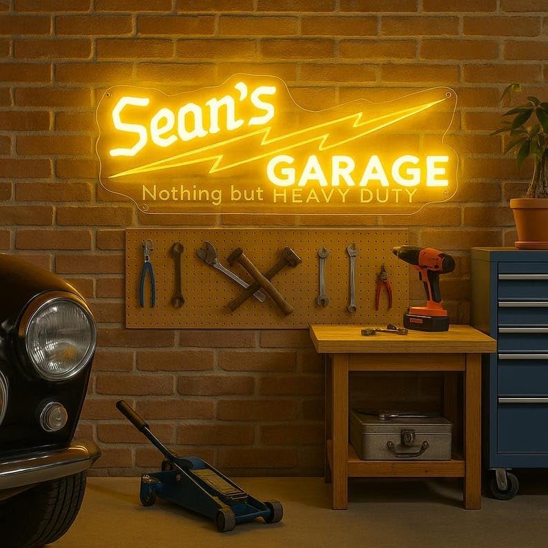 Miniatura 3 de Letrero LED de garaje personalizado, luz de pared con nombre personalizado para sala de herramientas de cueva de hombre, decoración de taller,