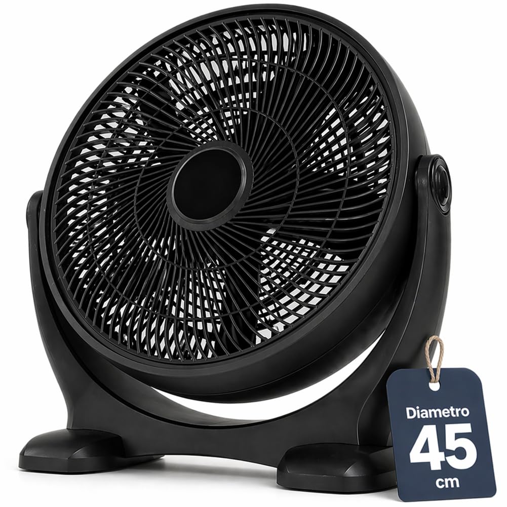 BAKAJI Ventilador de pie de ABS con pala de 50 cm, inclinable, potente motor de 3 velocidades, cabeza giratoria con ángulo de inclinación de hasta 100° (Pala 45 negro)