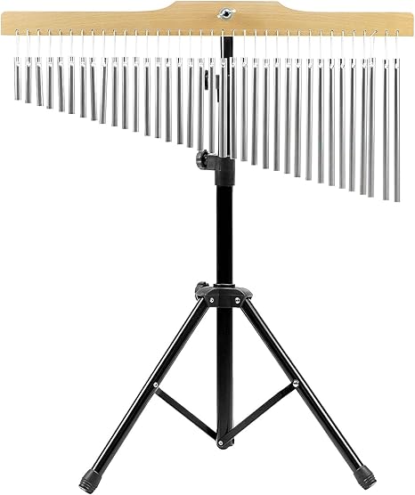 QWORK 36 Tones Musical Chimes Instruments with 2.3-4.2 ft Adjustable Mounting Stand – Crisp Sound Chrome Bells, Collapsible Tripod Base