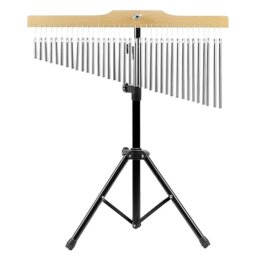 QWORK 36 Tones Musical Chimes Instruments with 2.3-4.2 ft Adjustable Mounting Stand – Crisp Sound Chrome Bells, Collapsible Tripod Base