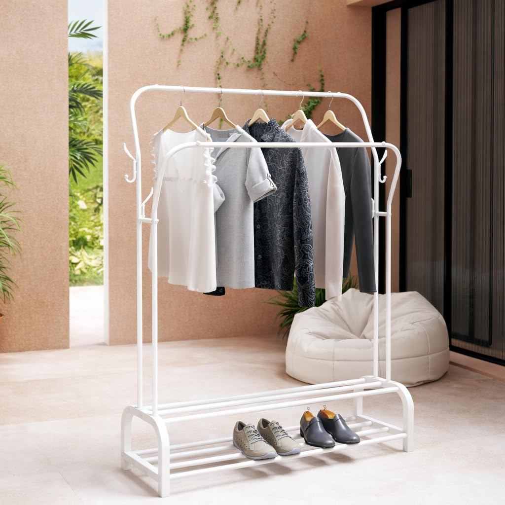T-LOVENDO.ES Perchero Burro Doble Ropa Metálico Negro con Zapatero Inferior | Estante con Estructura Curva | Barra Colgador Resistente | Dormitorio Vestidor Entrada Organizador de Ropa y Zapatos — view 2