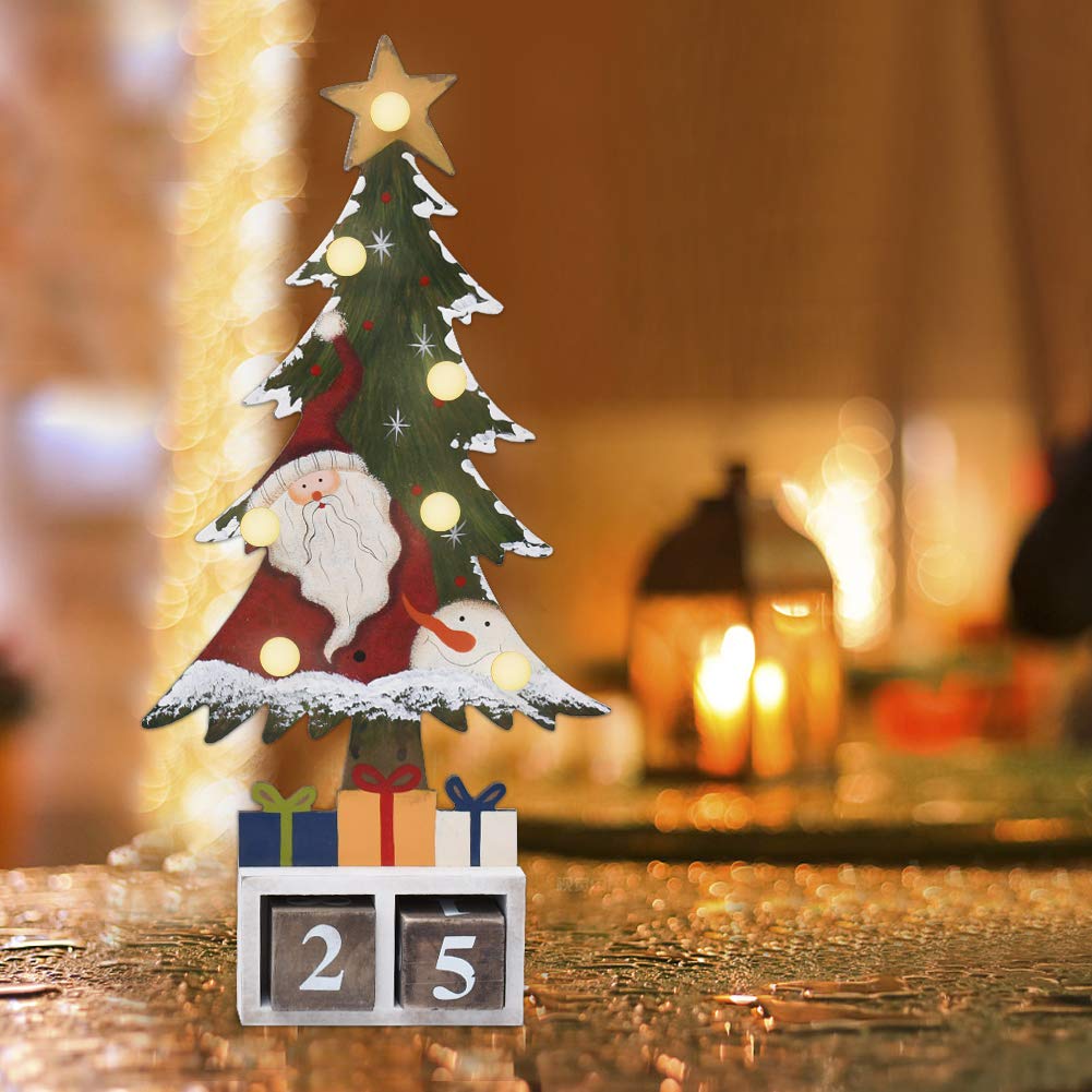 Morning View Weihnachtsbaum Adventskalender Countdown-Kalender, LED beleuchteter Holz-Tischplatte Weihnachten Countdown Kalender mit Zahlenblöcken (roter Hut)