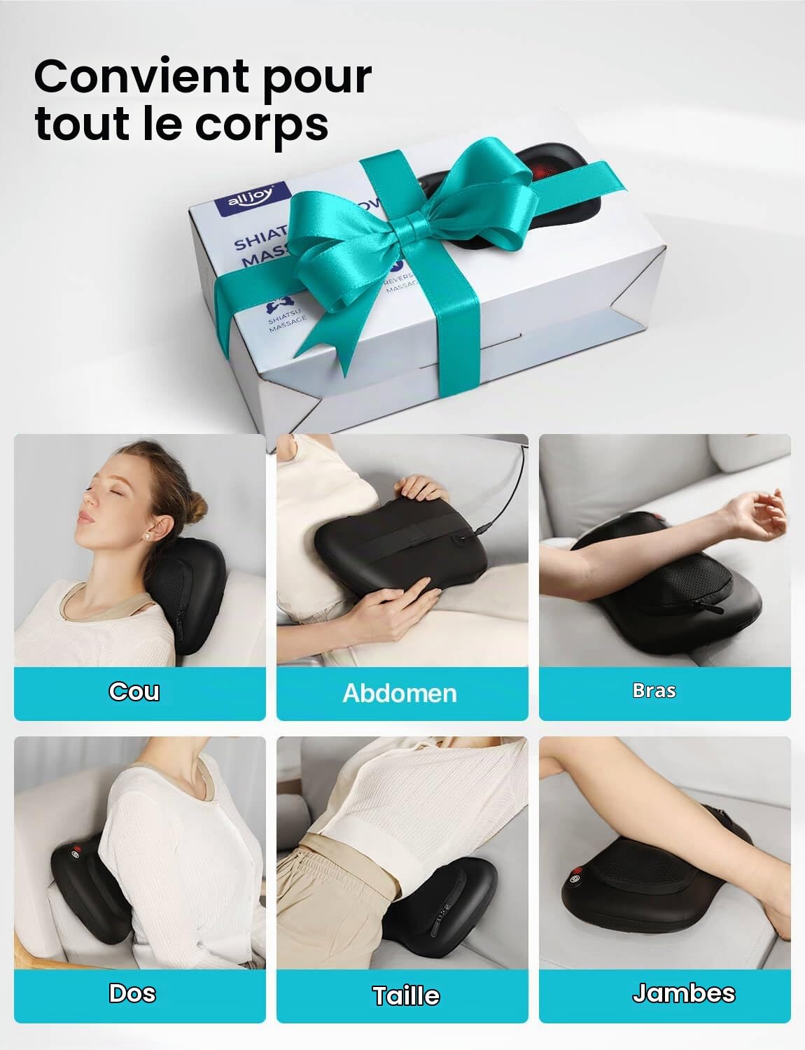 ALLJOY Coussin de Massage Shiatsu - Masseur Dos Chauffrant avec 4 Nœuds et 3 Vitesses Réglable, Têtes de massage rotatives 3D améliorées,Cadeau pour Femme/Homme, Portable pour Maison Bureau Voiture