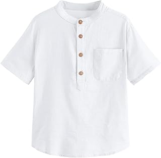 Camisa de lino para chicos de manga corta Henley, camiseta de verano, monocolor, corte regular, informal, informal, para fiestas, para niños (3-14 años)