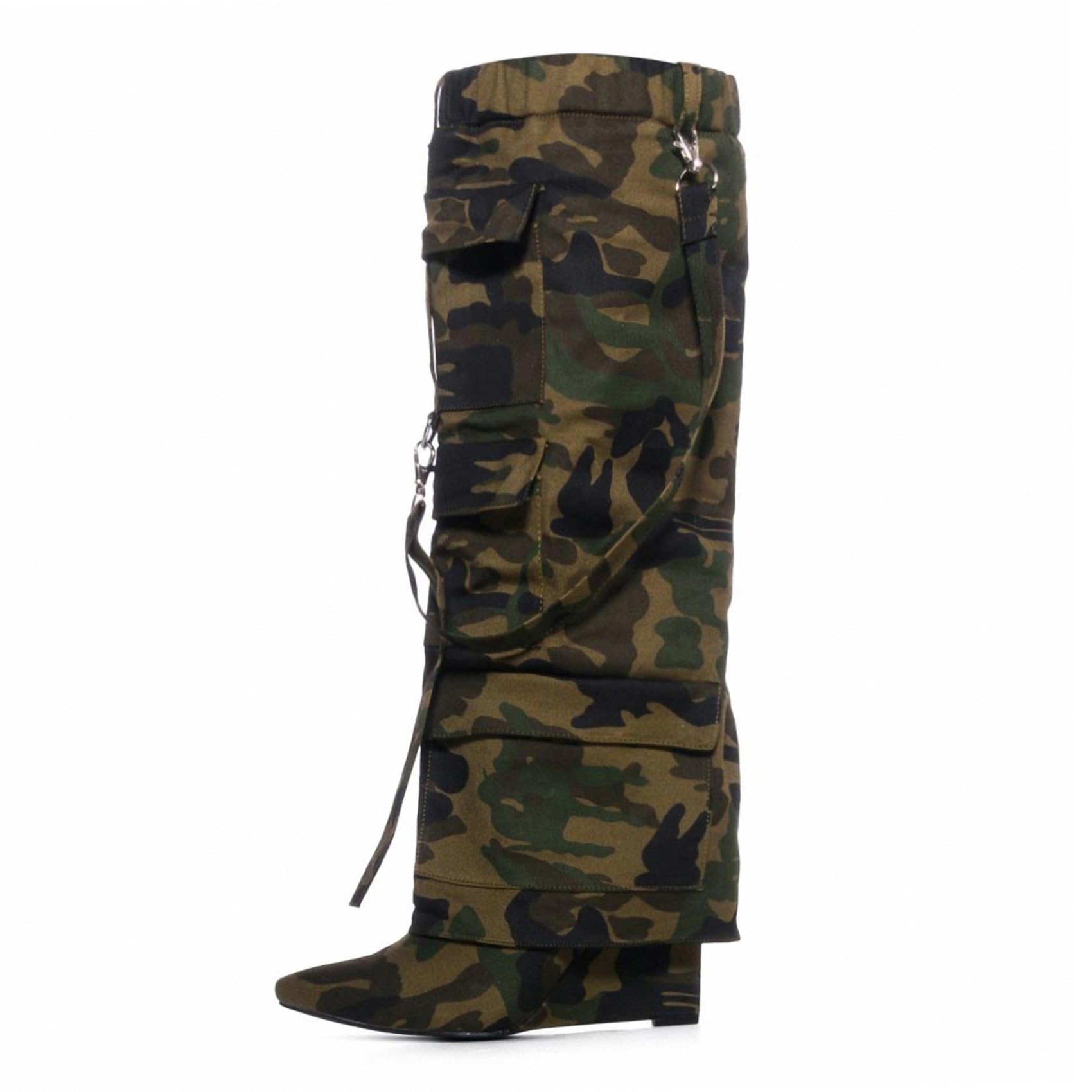 RKQ Womens Wedge Heel Fold Over Boot Wide calf Pointed Toe Knee High Boot Pull On Classic Party