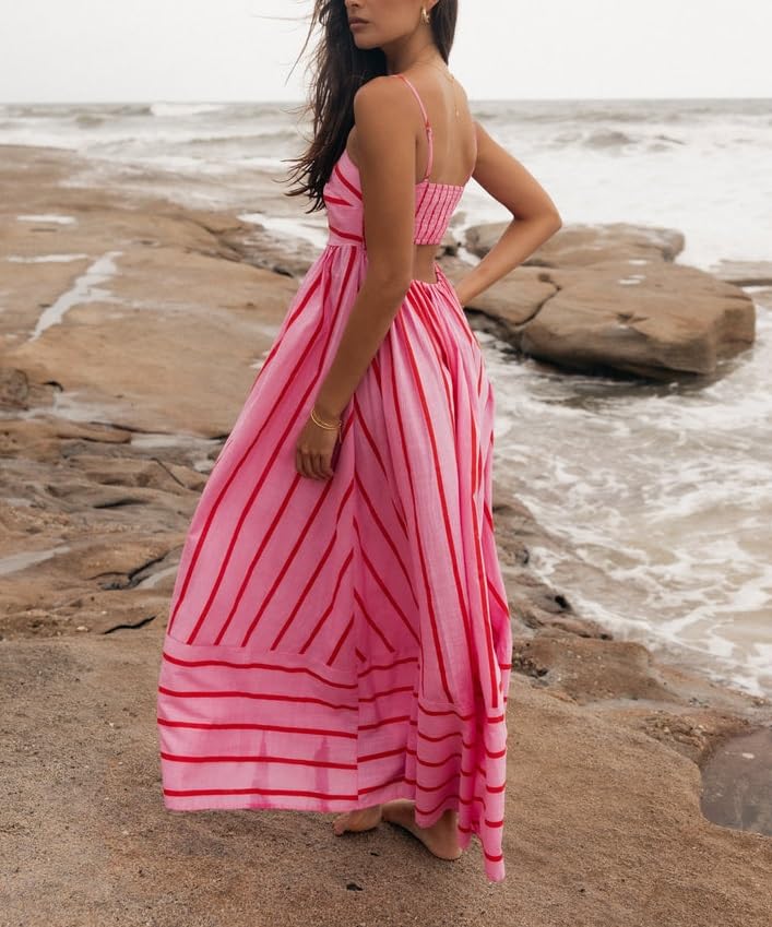 Image of Women Striped Maxi Dress Smocked Backless Spaghetti Strap Long Flowy Dress Sleeveless Boho Aline Sundress