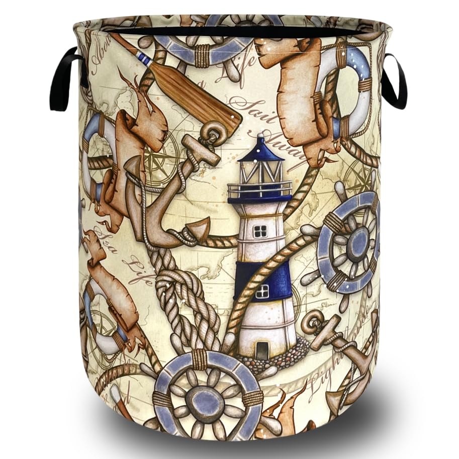 Retro Anchor Rudder Laundry Basket Oxford Cloth Foldable Hamper 18.9x16.5In