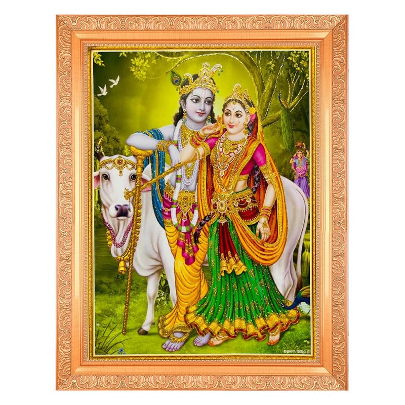 BM TRADERS Radha With Krishna Beautiful Golden Zari Photo In ArtWork Golden Frame(11 x 14 Inch) OR (27.94 X 35.56 Cm) Housewarming Gifts
