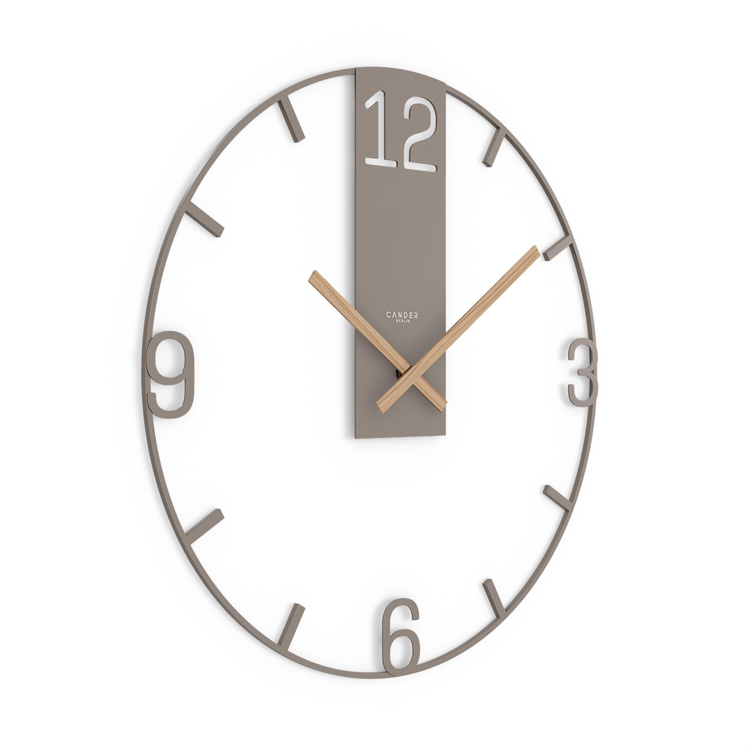 Cander Berlin BIONA XXL Wanduhr lautlos 50 cm Metall Holzzeiger ohne Tickgeräusche groß modern warmgrau Wohnzimmer Küche Vintage
