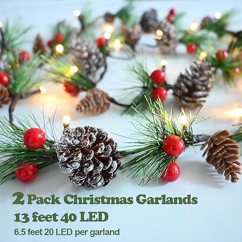 Miniatura 4 de Guirnalda de luces de Navidad, paquete de 2 guirnaldas preiluminadas de 13 pies, 40 LED, guirnalda de piñas rojas con bayas rojas, guirnalda