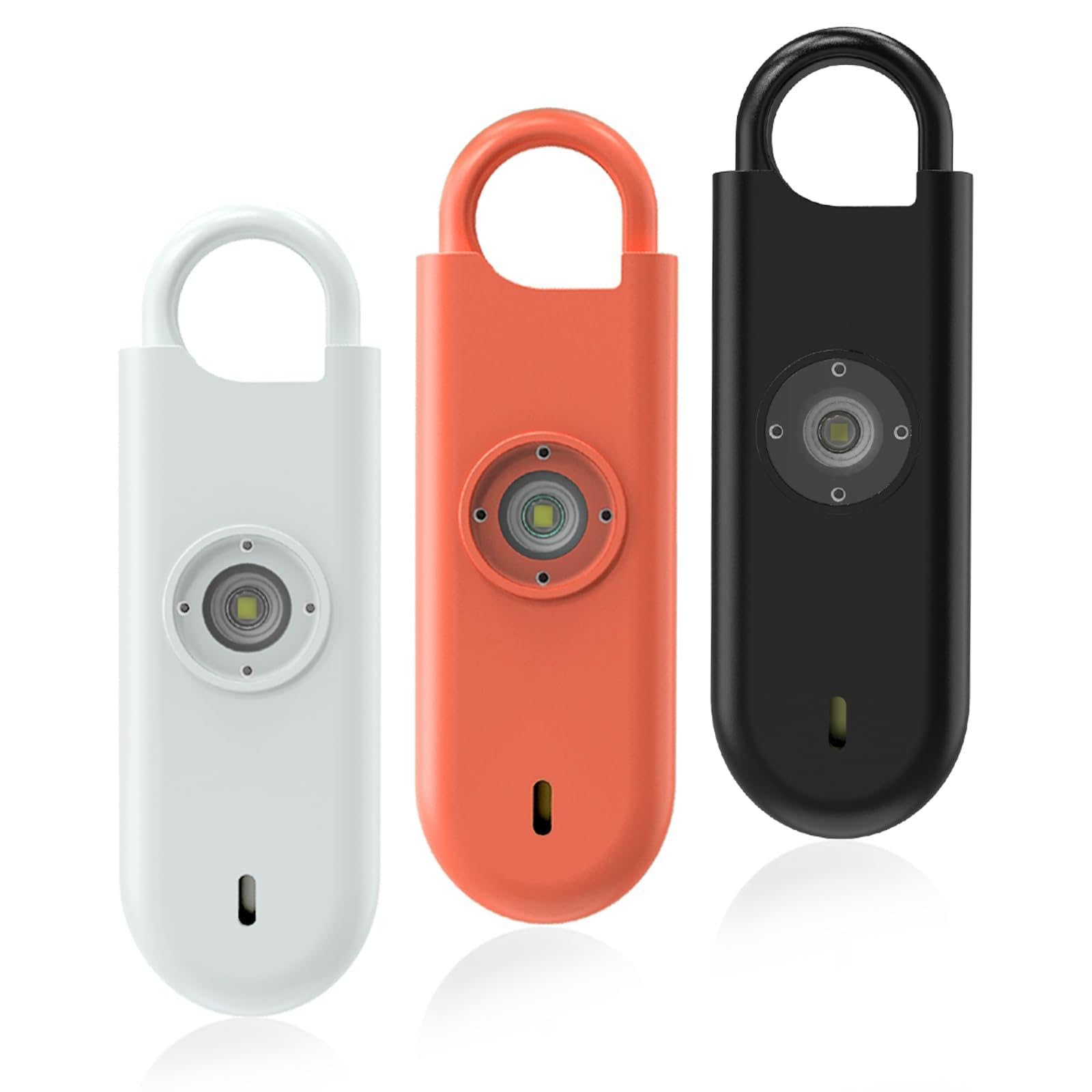 Fauxomor Personal Safety Alarm for Women, 3 Pack 140DB Rape Panic Attack Alarm Keychain Police Approved with Low Battery Notice with Strobe Light, Gift for Kid Elderly College Girl,White+Orange+Black — image 1