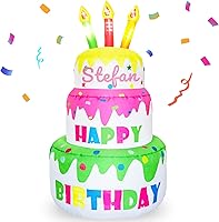 Vista 9 de DearSun Pastel inflable de cumpleaños de 4 pies de alto, pastel de cumpleaños inflable con velas iluminadas, 6 luces LED