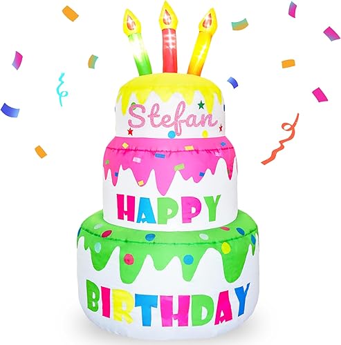 Miniatura 9 de DearSun Pastel inflable de cumpleaños de 4 pies de alto, pastel de cumpleaños inflable con velas iluminadas, 6 luces LED en el interior para 4 pies