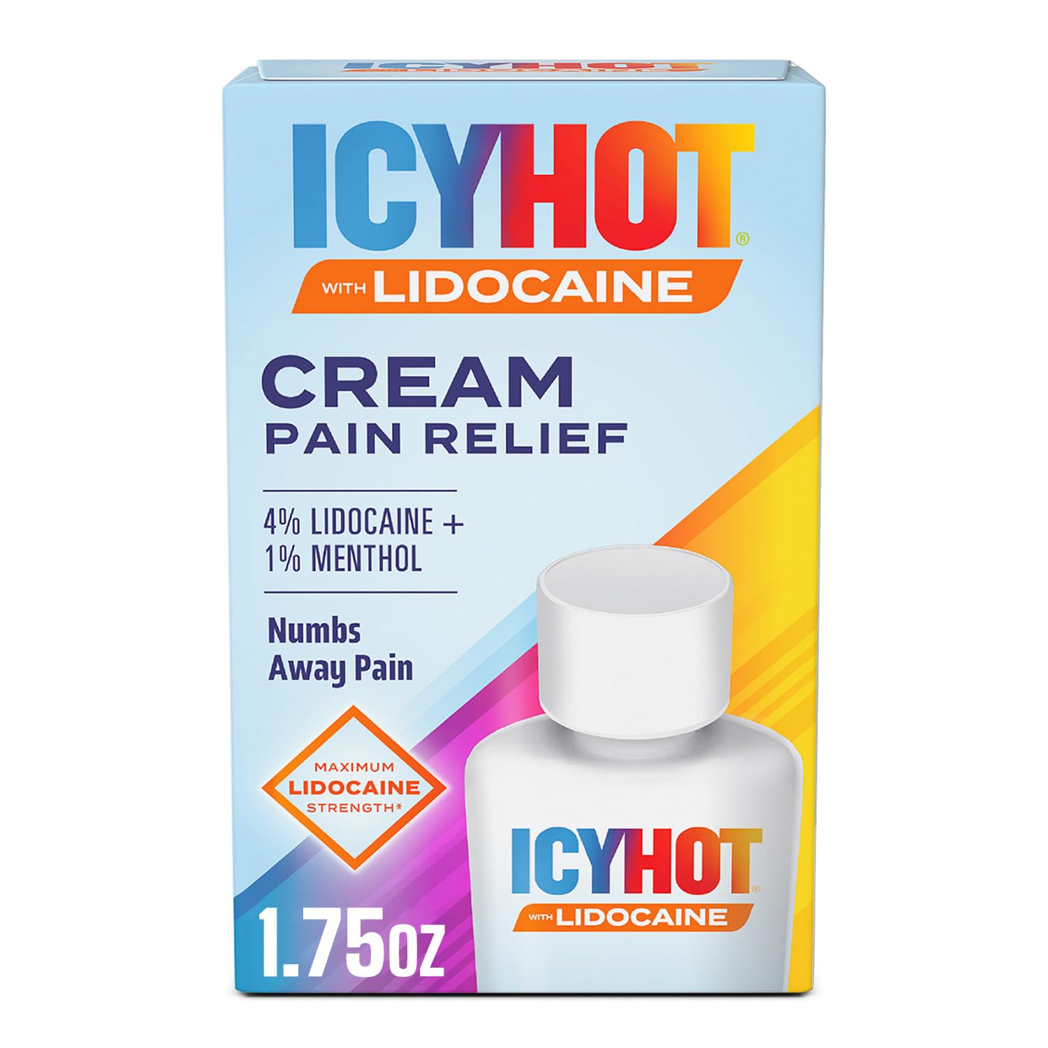 Icy Hot Lidocaine Pain Relief Cream, Numb Aggravated Nerves with Max Strength Lidocaine 4% and Menthol 1%, Fast-Acting Pain Relief for Minor Pain, Backaches, Sprains and Strains, 1.75 oz