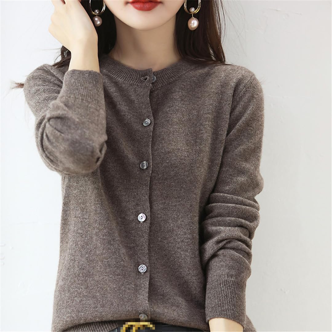 Cárdigan de cachemira para mujer, cuello redondo, suéter de punto suave para primavera, otoño e invierno, manga larga, color liso