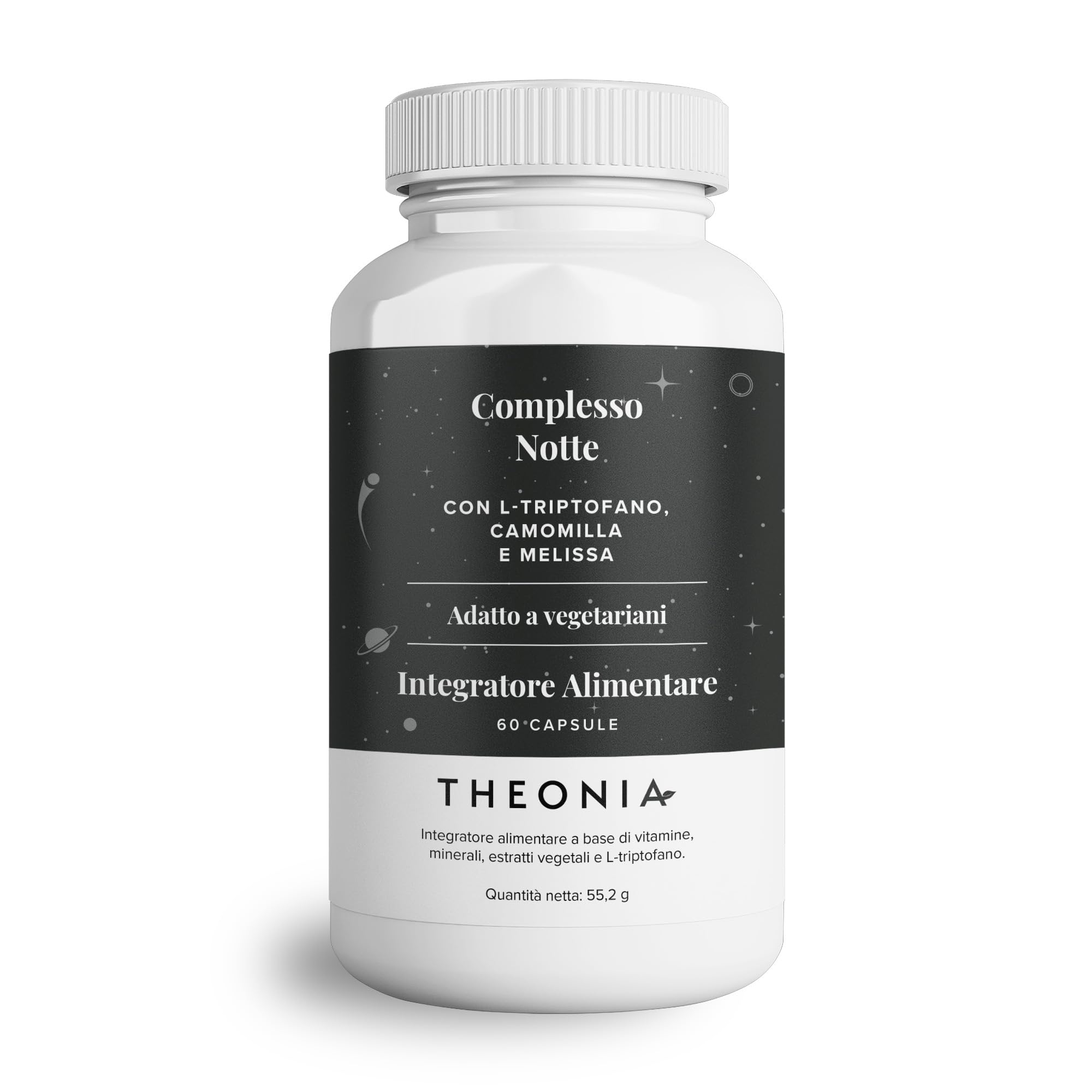 Theonia complesso notte con 100mg di L-triptofano, camomilla e melissa, integratore naturale per il sonno e il relax - 60 capsule, non OGM, vegetariano