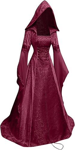 Miniatura 8 de Vestido renacentista para mujer, disfraz divertido de Hallowwen, vestido gótico medieval con capucha, manga larga, vestido largo victoriano