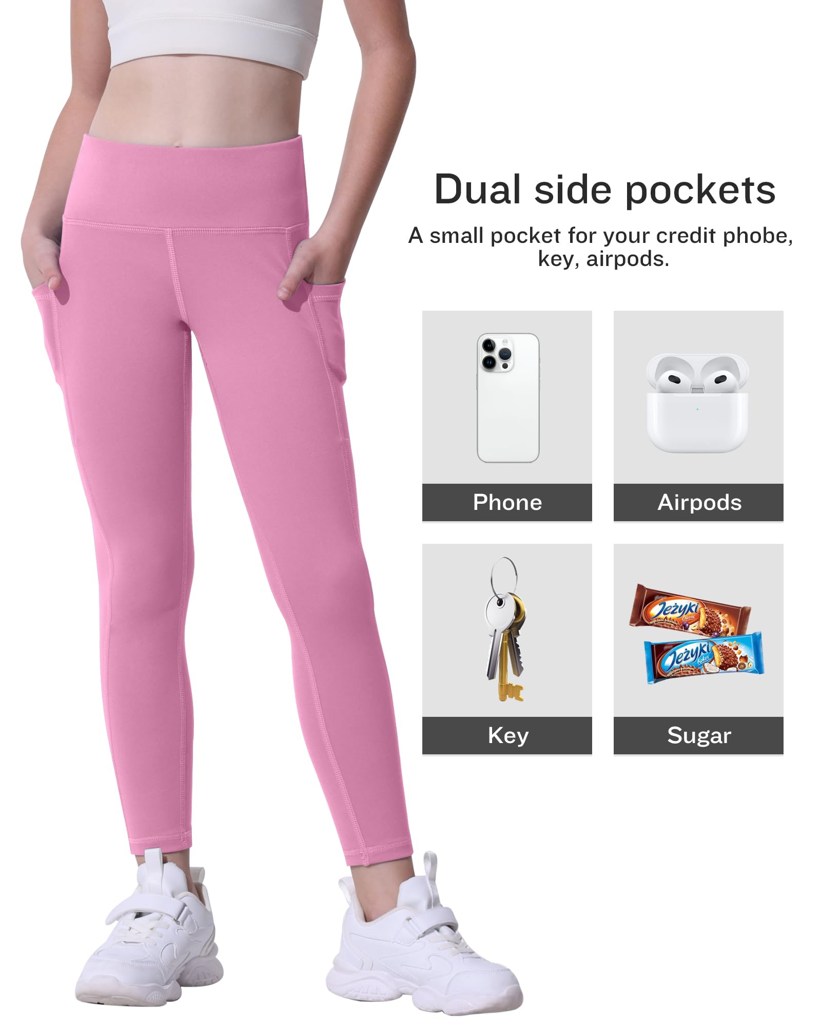 CHRLEISURE Girls' Athletic Leggings with Pockets, 5 Packs Kids Teen Dance Yoga Workout Running Pants for 8-9 Years(BlackGrayNavyRoseAPink, M)