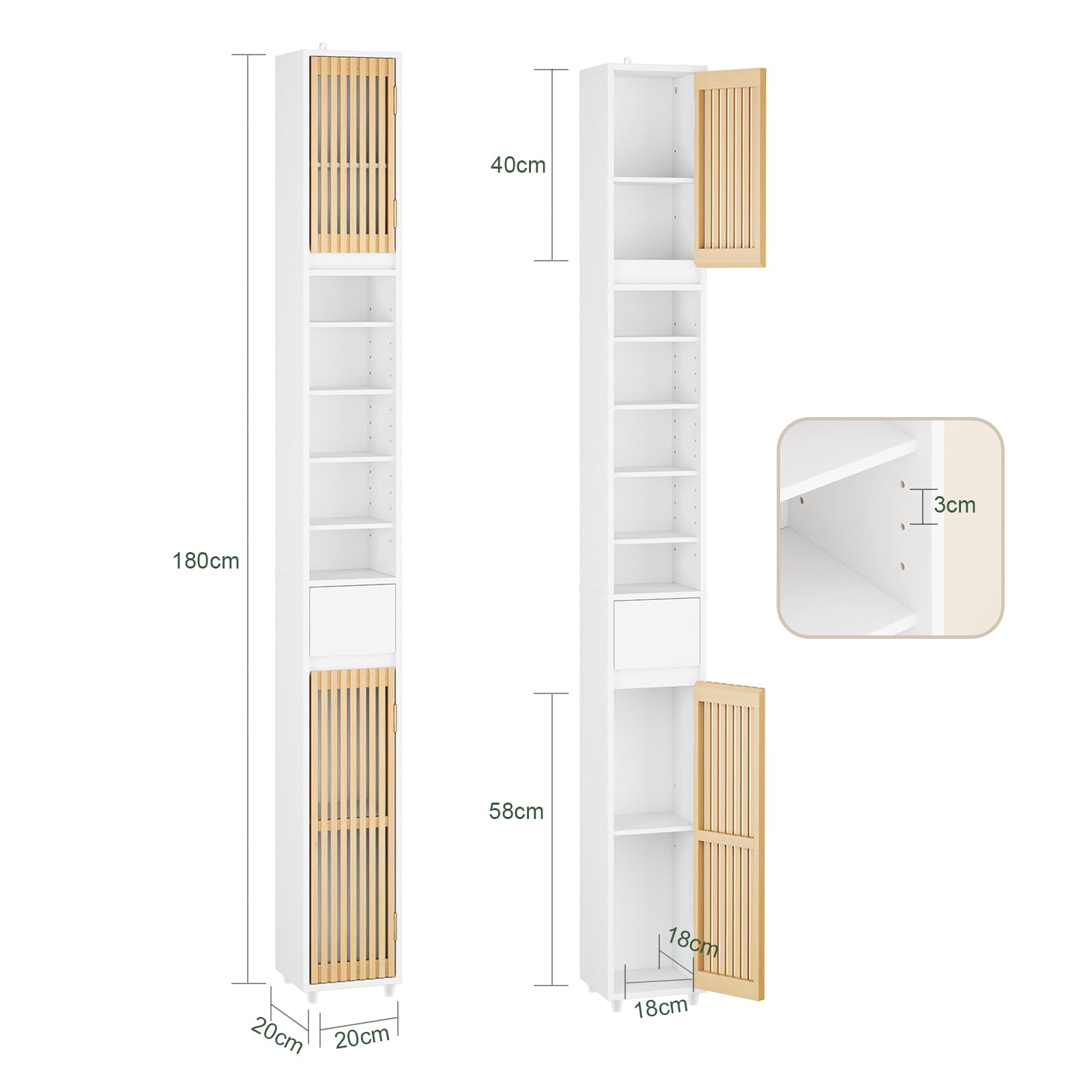 SoBuy Mobile Bagno Salvaspazio Colonna Armadietto Alto con 6 Ripiani Regolabili, Colonna Bagno con Ante in Bambù, Mobile Alto e Stretto per Piccoli Spazi, Bianco, 20x20x180cm, BZR34-BW