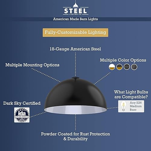 Miniatura 3 de Steel Lighting Co. Brentwood - Lámpara colgante  Montada en el techo  Domo redondo de 14 pulgadas  Estilo moderno contemporáneo de granja fabricado