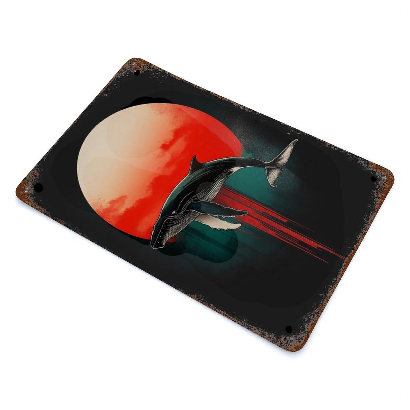 Whale Silhouette with Red Sun Rusty Metal Tin Sign 11.8"x7.9", for Pub, Kitchen And Man Cave Decor, Farmhouse Wall Decor