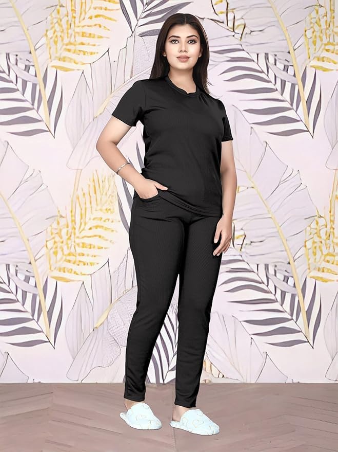 Image of Women's Active Wear Track Suits Cotton Blend Sportswear Top & Bottom Set for Woman Round Neck for Fitness & Workout T-shirt and Pant