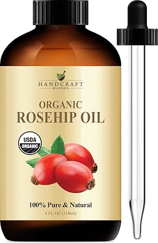 Handcraft Blends Aceite orgánico de rosa mosqueta, 1 onza líquida, 100% puro y natural, aceite de grado prémium para cara, piel y cabello, protege y