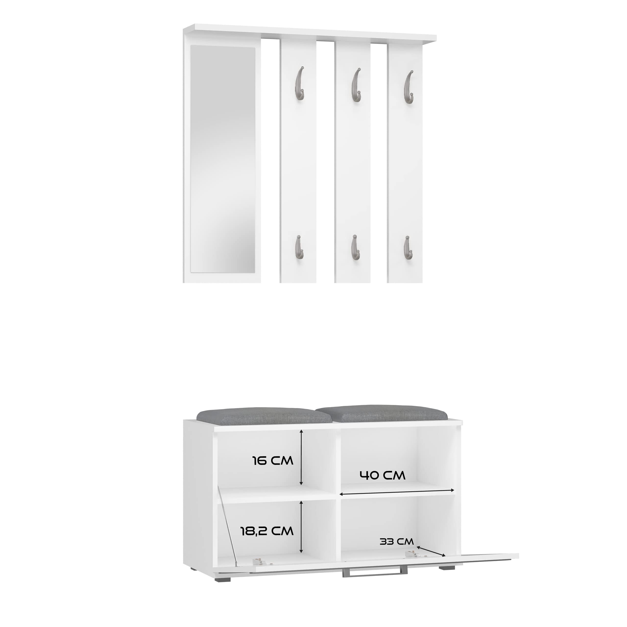 CDF Garderoben Set Wandgarderobe Mit Spiegel Schuhschrank Sitzbank 6 Haken 4 Fächer Für Schmale Flur Diele Weiß 85 x 35 x 180 cm Komplettset mit Spiegel und Sitzbank