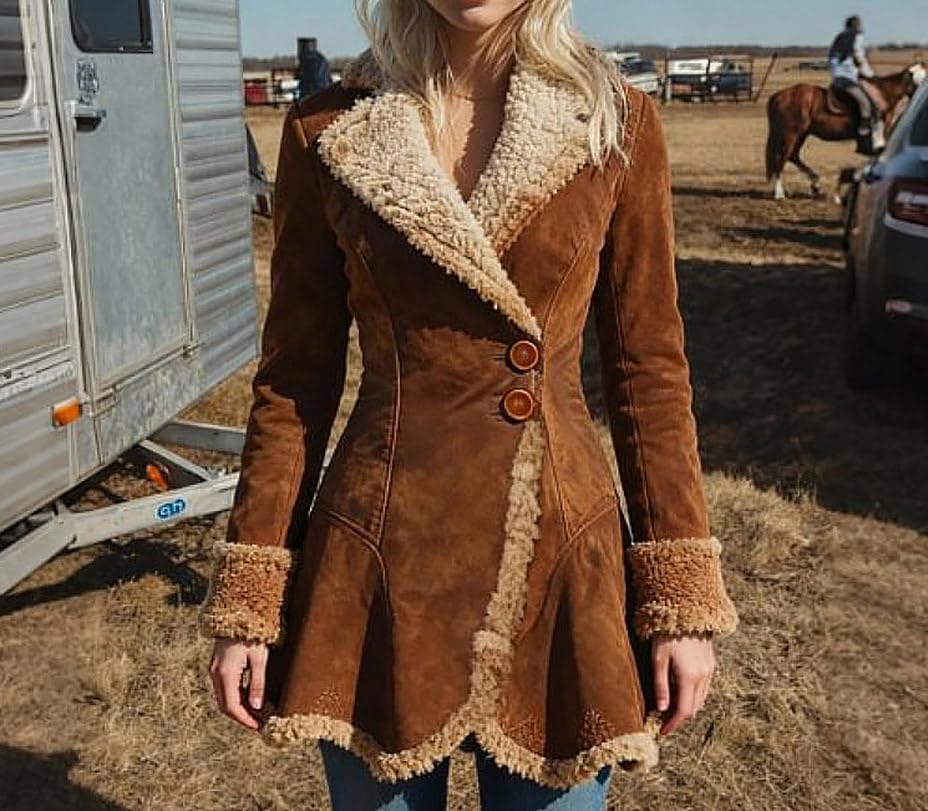 utcoco Womens Sherpa Lined Suede Jacket Fall Fashion Outfits Slim-Fit Faux leather Fleece Jackets Winter Coat (Medium, Brown) - Image 6